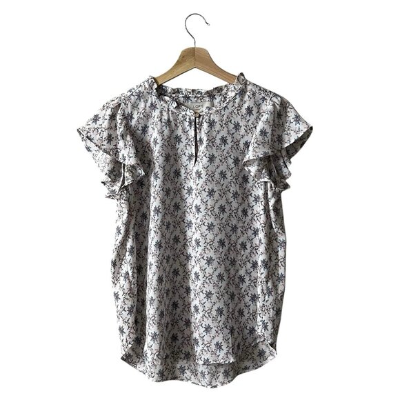 LOFT Peasant Blouse Size Small Chiffon Floral Flutter Sleeve Keyhole Neck 70123 - Picture 1 of 7